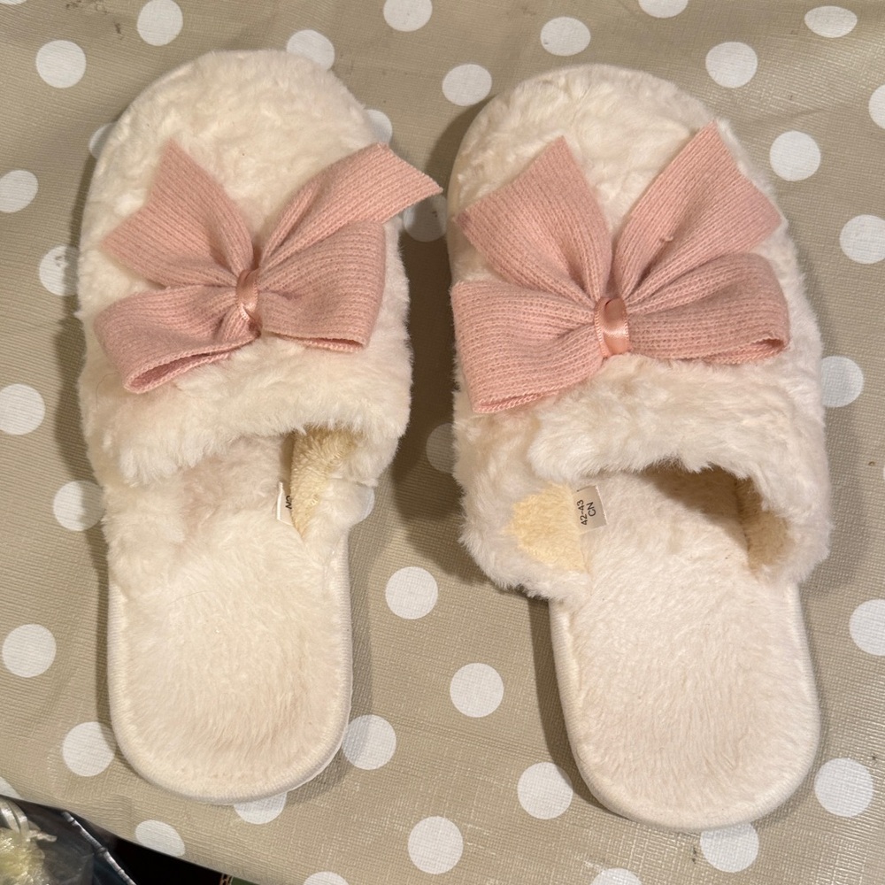 Fluffy Cream Slippers with Pink Bows TWO PAIRS